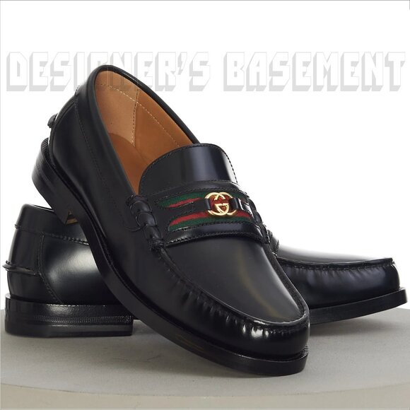 Gucci 13 black KAVEH polished Leather DOUBLE G WEB detail Loafer Shoes NIB - Picture 13 of 13